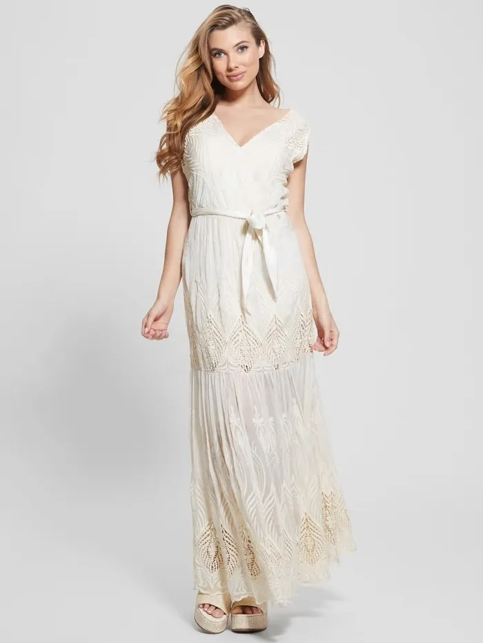 Women GUESS Pam Embroidered Long Dress Cream White Dresses and Jumpsuits