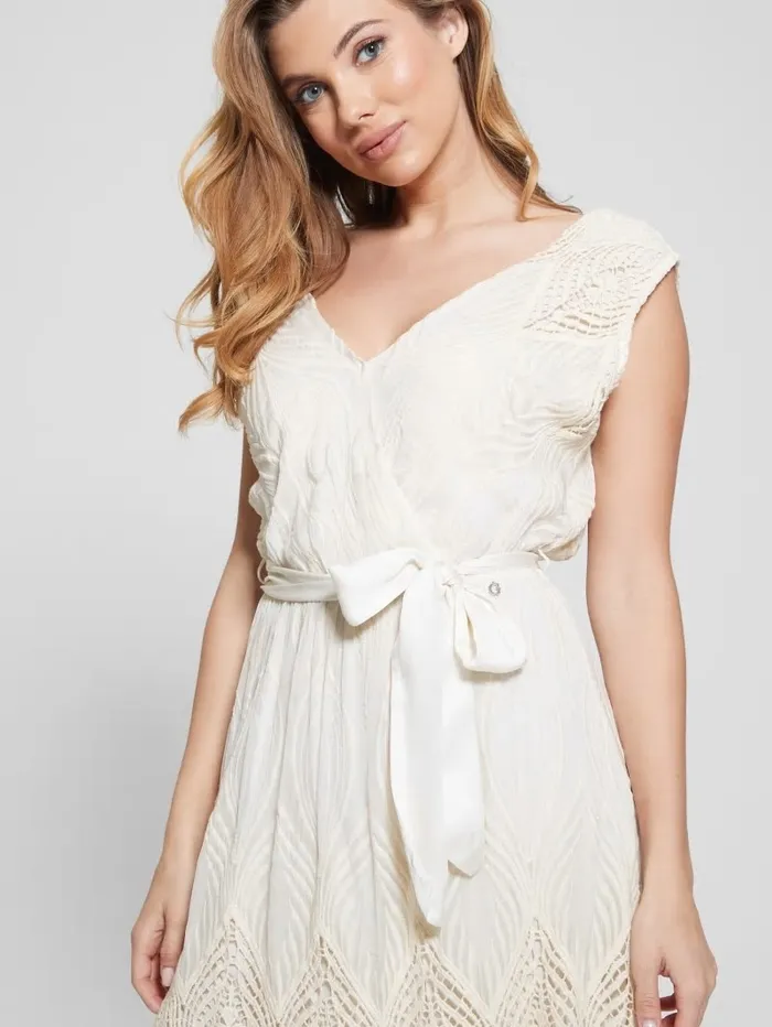 Women GUESS Pam Embroidered Long Dress Cream White Dresses and Jumpsuits