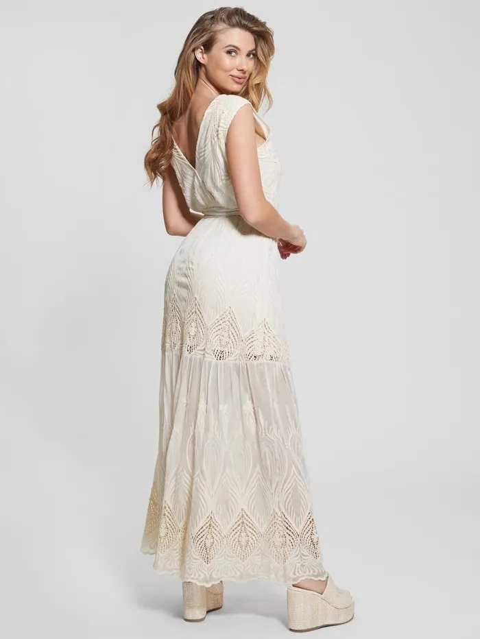 Women GUESS Pam Embroidered Long Dress Cream White Dresses and Jumpsuits