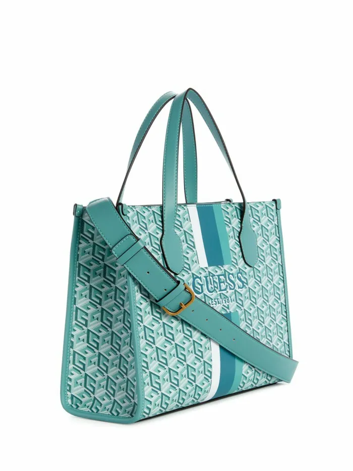 Women GUESS Silvana G Cube Tote Trinidad Indigo Wash Handbags