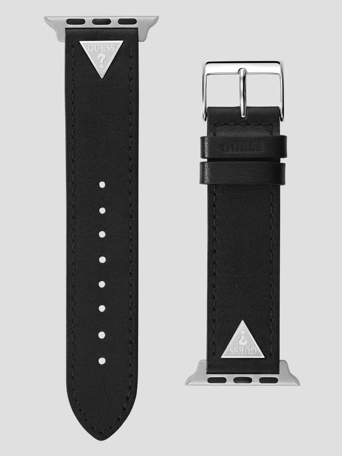 Women GUESS SilverTone Emblem and Black Leather 3841 mm Band for Apple Watch Black Watches