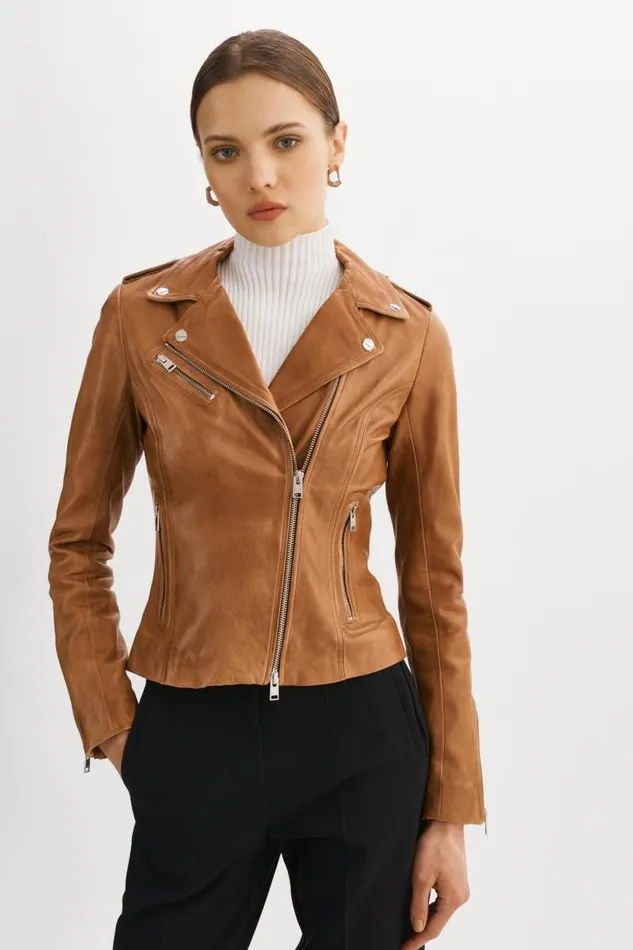 Women HARPER Fitted Leather Biker Jacket Luggage LAMARQUE Leather Jackets Women HARPER Fitted Leather Biker Jacket Luggage LAMARQUE Leather Jackets