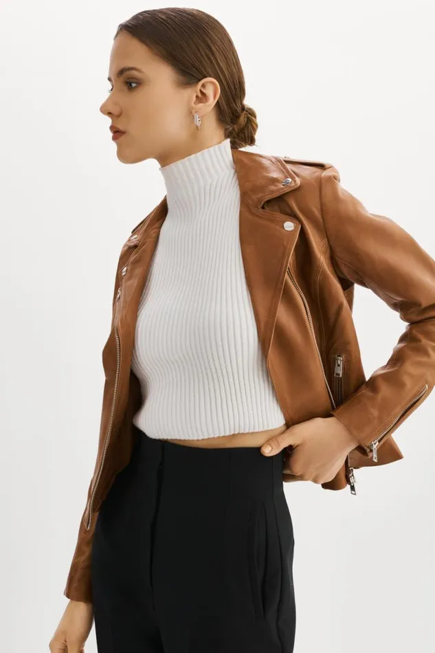 Women HARPER Fitted Leather Biker Jacket Luggage LAMARQUE Leather Jackets Women HARPER Fitted Leather Biker Jacket Luggage LAMARQUE Leather Jackets