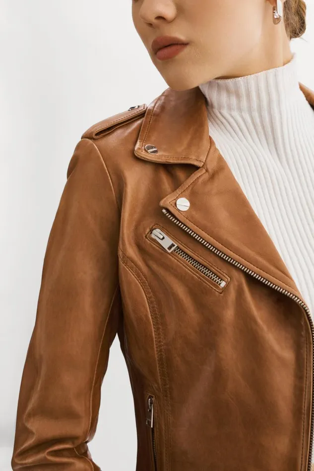 Women HARPER Fitted Leather Biker Jacket Luggage LAMARQUE Leather Jackets Women HARPER Fitted Leather Biker Jacket Luggage LAMARQUE Leather Jackets