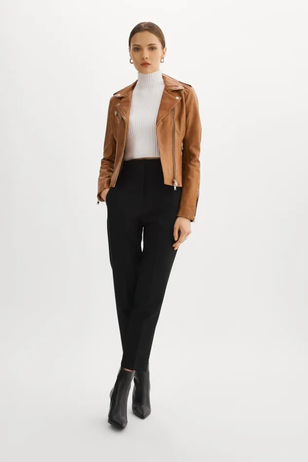 Women HARPER Fitted Leather Biker Jacket Luggage LAMARQUE Leather Jackets Women HARPER Fitted Leather Biker Jacket Luggage LAMARQUE Leather Jackets