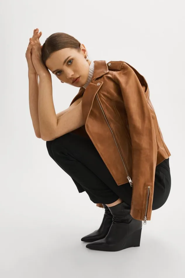 Women HARPER Fitted Leather Biker Jacket Luggage LAMARQUE Leather Jackets Women HARPER Fitted Leather Biker Jacket Luggage LAMARQUE Leather Jackets