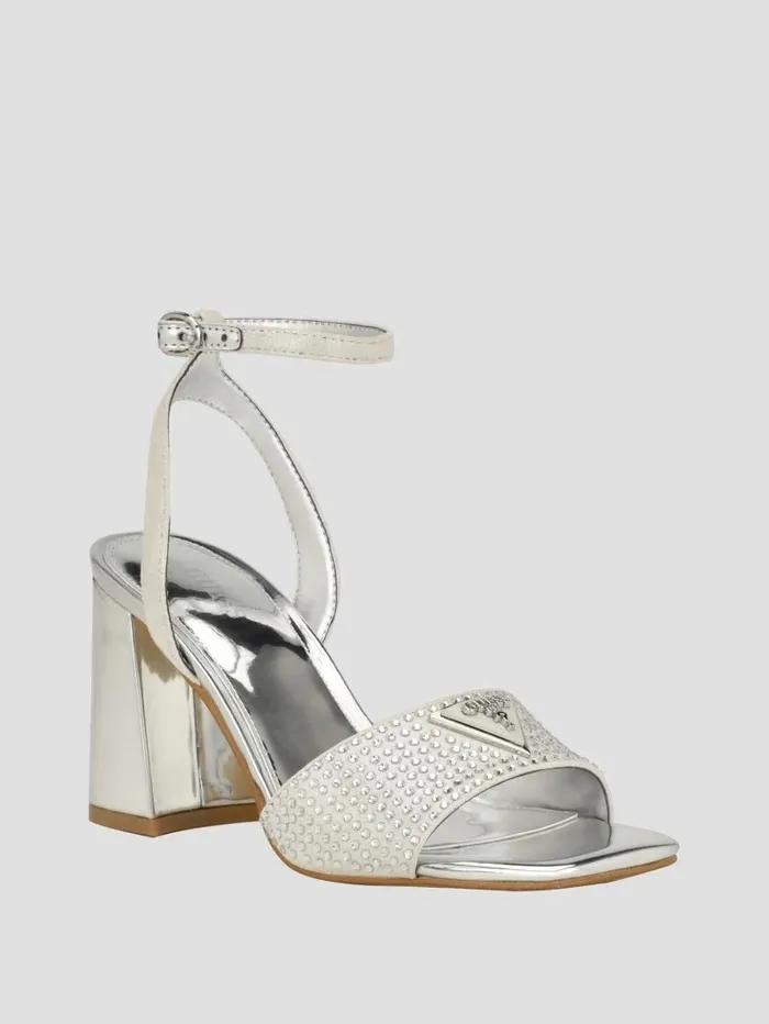 Women Heels GUESS Gelya Triangle Blocked Heels Silver 040