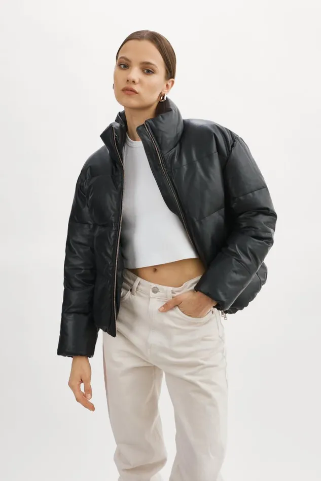 Women IRIS Leather Puffer Jacket Black LAMARQUE Leather Jackets
