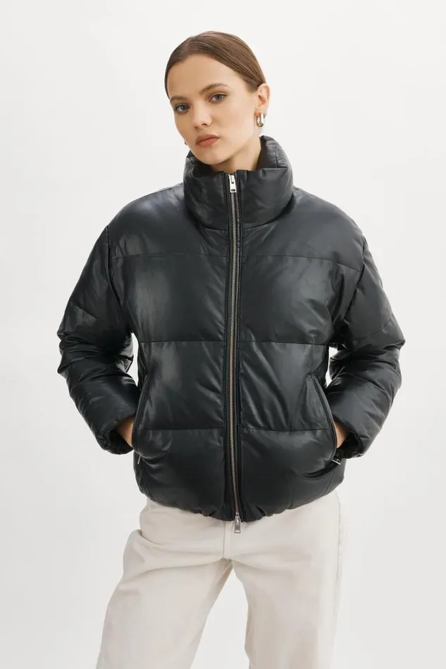 Women IRIS Leather Puffer Jacket Black LAMARQUE Leather Jackets