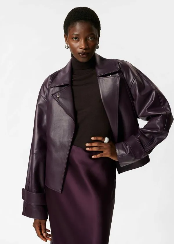 Women Jackets and Coats and Other Stories Belted Leather Jacket Dark Purple