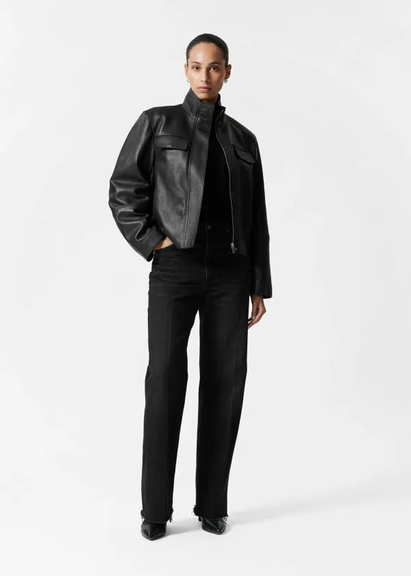 Women Jackets and Coats and Other Stories FlapPocket Leather Jacket Black