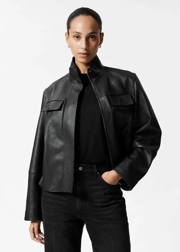 Women Jackets and Coats and Other Stories FlapPocket Leather Jacket Black