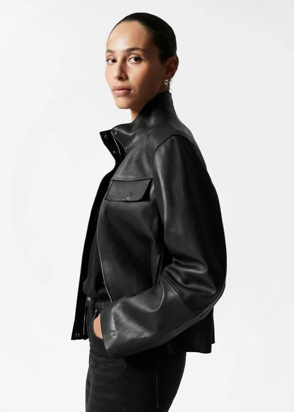 Women Jackets and Coats and Other Stories FlapPocket Leather Jacket Black