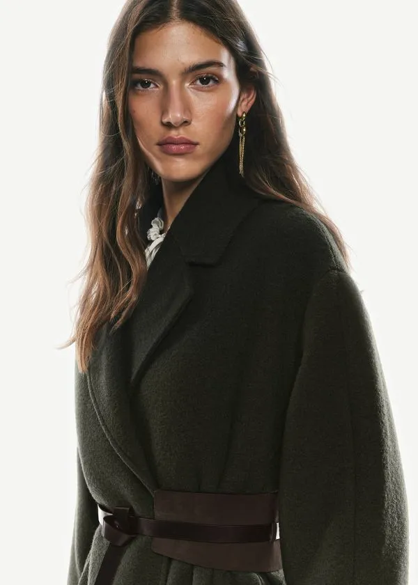 Women Jackets and Coats and Other Stories Voluminous Belted Wool Coat Dark Khaki