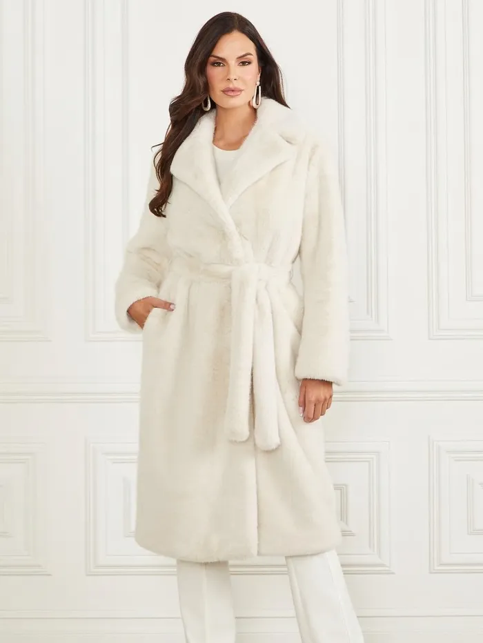 Women Jackets and Coats GUESS Tania FauxFur Coat Pale Pearl Multi