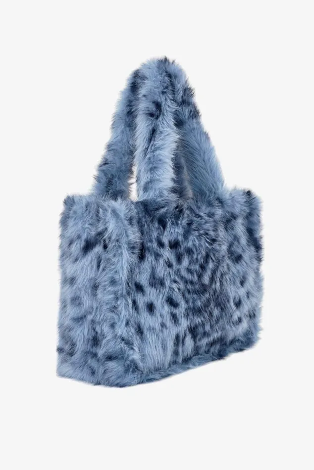 Women JADE LEO Faux Fur Tote Bag Blue Leopard LAMARQUE Bags
