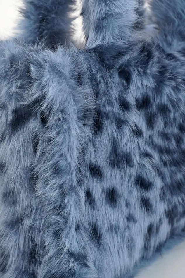 Women JADE LEO Faux Fur Tote Bag Blue Leopard LAMARQUE Bags