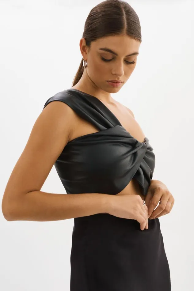 Women JOLIE Faux Leather One Shoulder Top Black LAMARQUE Tops