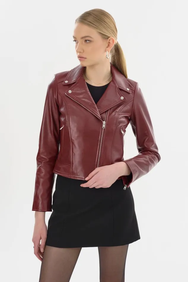 Women KELSEY Leather Biker Jacket Burgundy LAMARQUE Leather Jackets