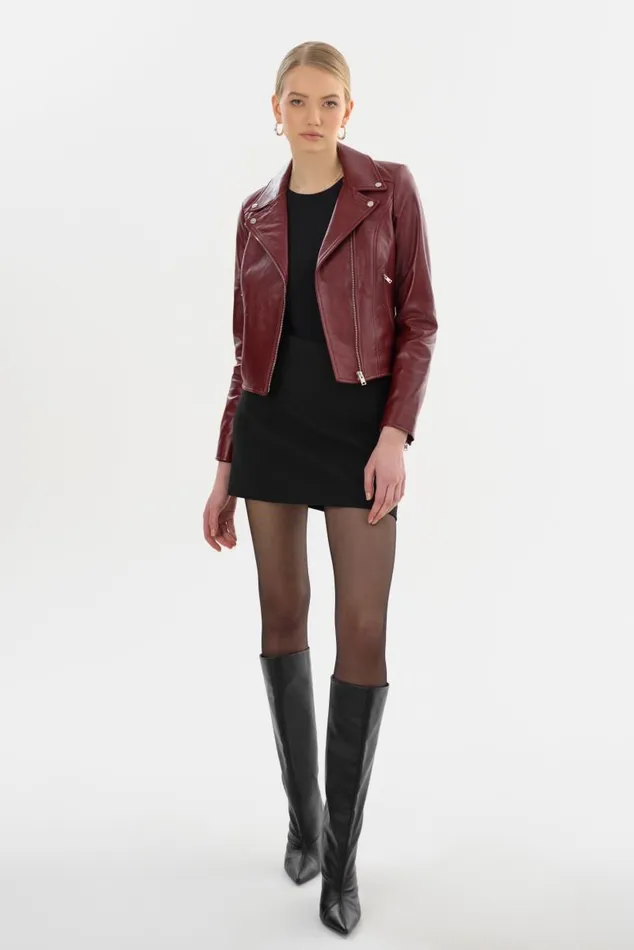 Women KELSEY Leather Biker Jacket Burgundy LAMARQUE Leather Jackets