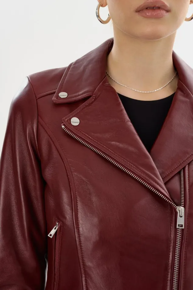 Women KELSEY Leather Biker Jacket Burgundy LAMARQUE Leather Jackets