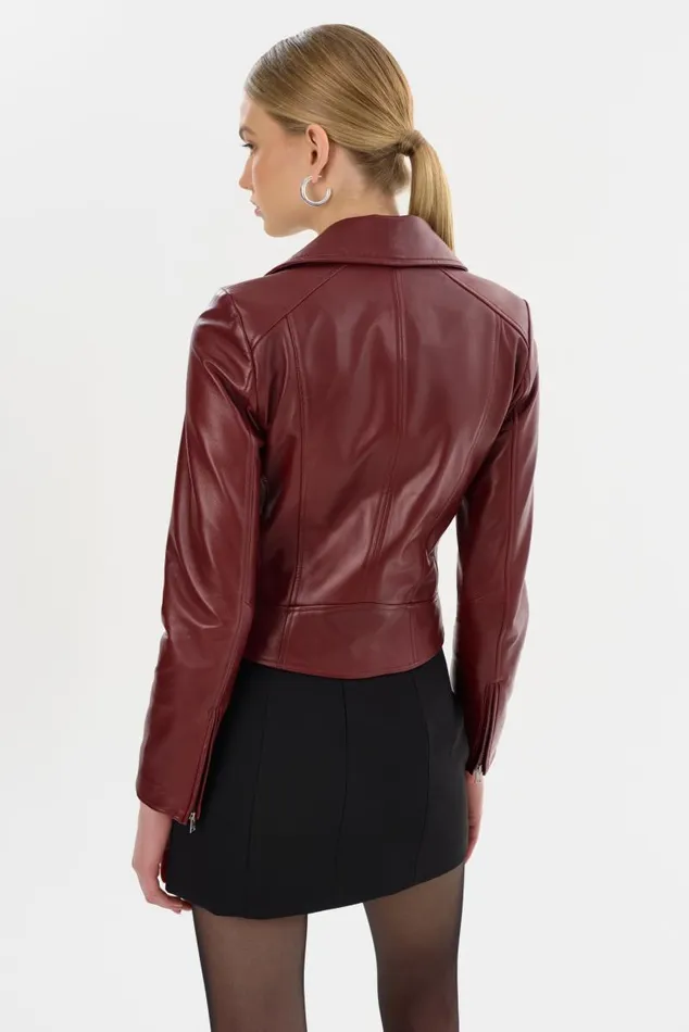 Women KELSEY Leather Biker Jacket Burgundy LAMARQUE Leather Jackets