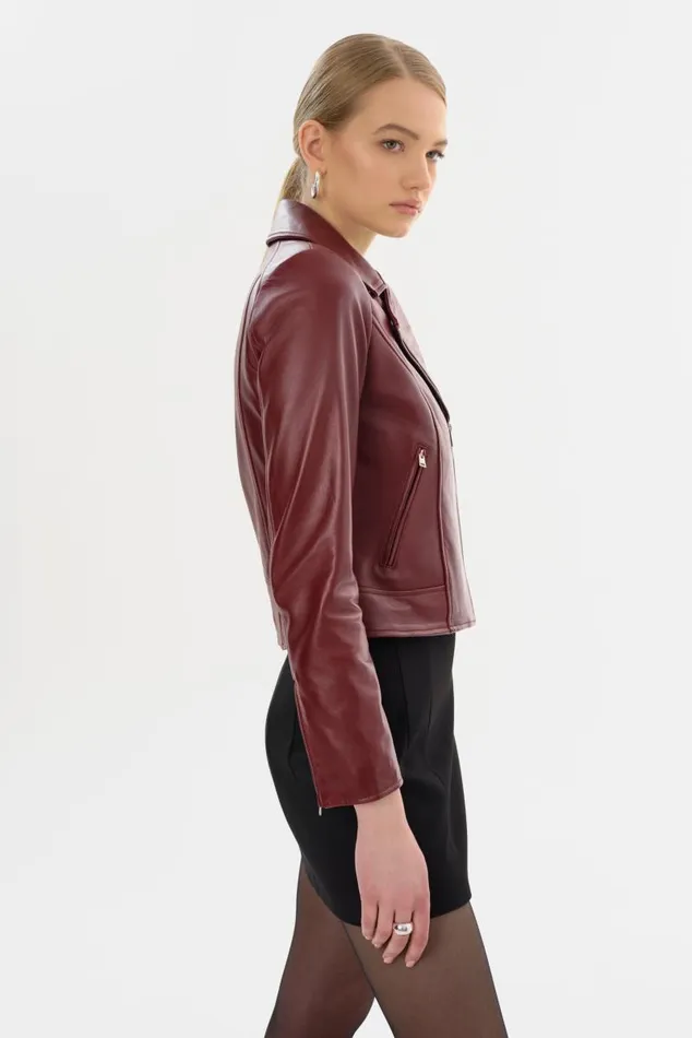 Women KELSEY Leather Biker Jacket Burgundy LAMARQUE Leather Jackets