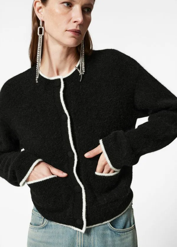 Women Knitwear and Other Stories Boxy CrewNeck Cardigan Blackandivory