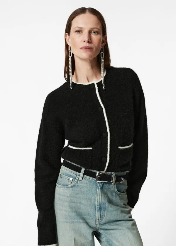 Women Knitwear and Other Stories Boxy CrewNeck Cardigan Blackandivory
