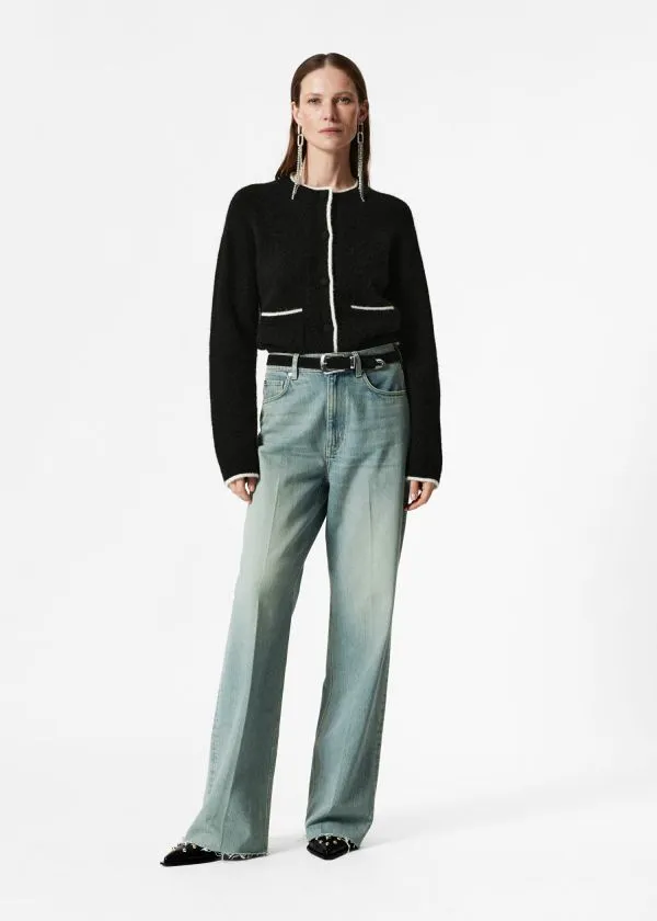 Women Knitwear and Other Stories Boxy CrewNeck Cardigan Blackandivory
