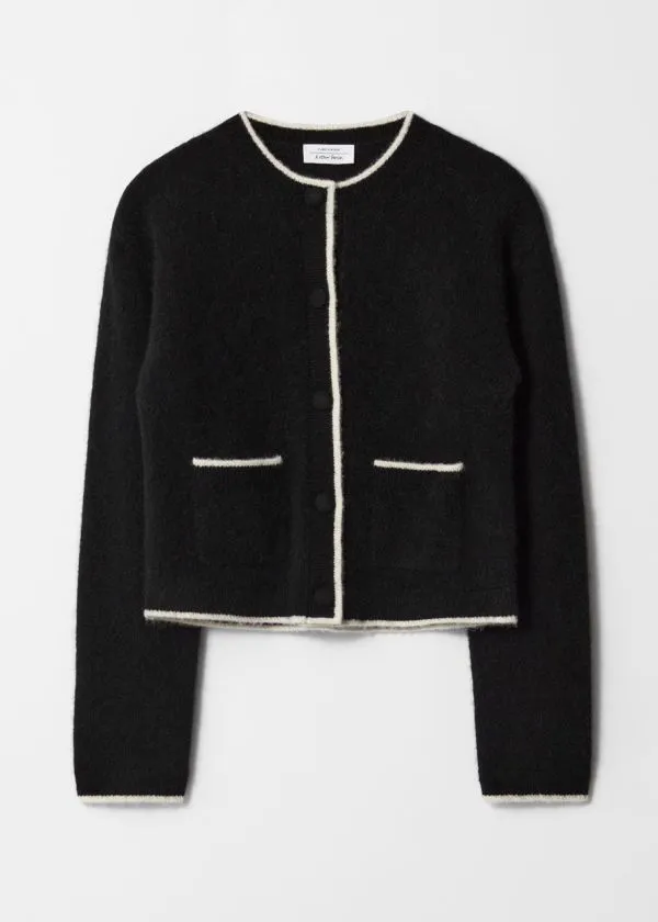 Women Knitwear and Other Stories Boxy CrewNeck Cardigan Blackandivory