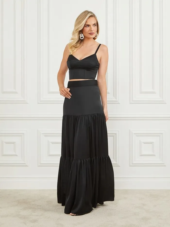 Women Lola Satin Corset Crop Top Black Tops GUESS Women Lola Satin Corset Crop Top Black Tops GUESS