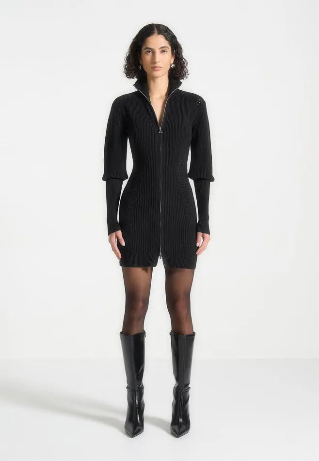 Women Manire De Voir Chunky Knit Contour Jumper Dress Black
