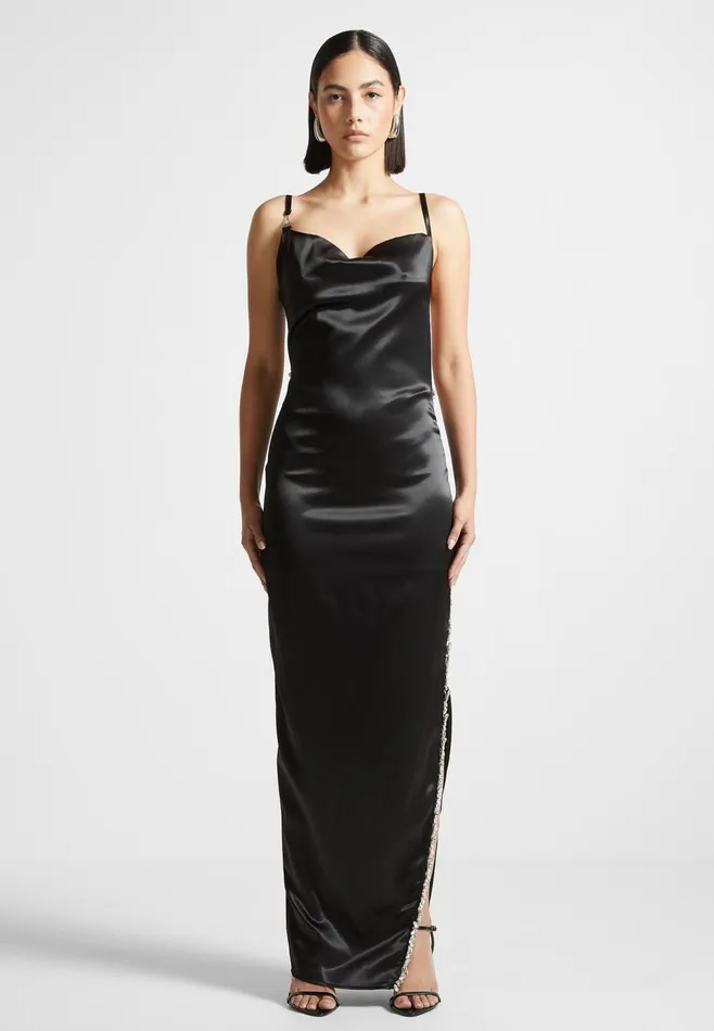 Women Manire De Voir Embellished Open Back Satin Midaxi Dress Black