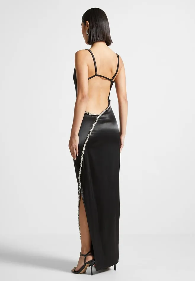 Women Manire De Voir Embellished Open Back Satin Midaxi Dress Black