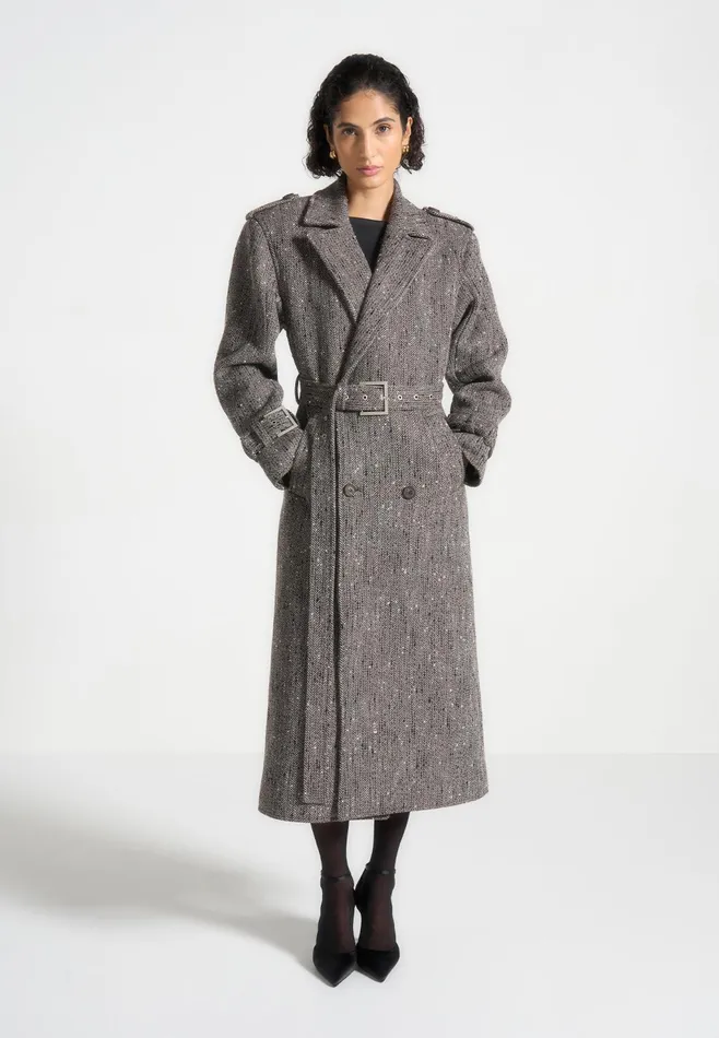 Women Manire De Voir Herringbone Wool Trench Coat With Scarf Brown