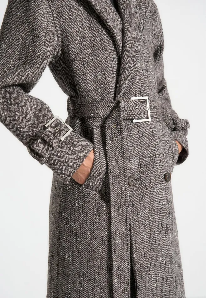 Women Manire De Voir Herringbone Wool Trench Coat With Scarf Brown