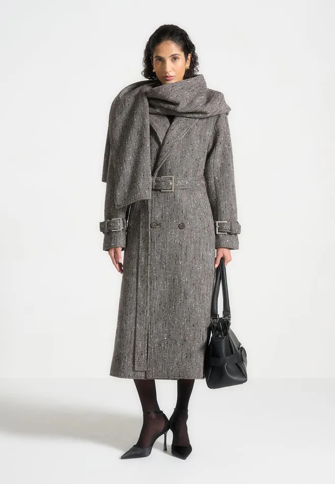Women Manire De Voir Herringbone Wool Trench Coat With Scarf Brown