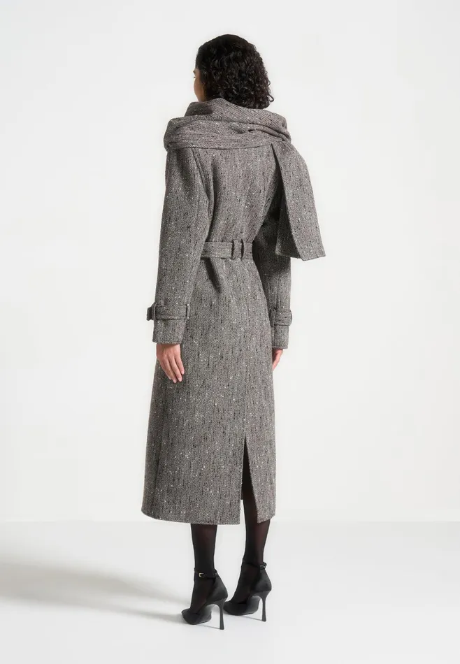 Women Manire De Voir Herringbone Wool Trench Coat With Scarf Brown