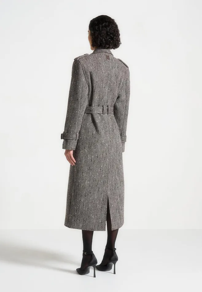 Women Manire De Voir Herringbone Wool Trench Coat With Scarf Brown