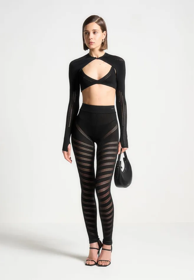 Women Manire De Voir High Waisted Knitted Spiral Contour Leggings Black