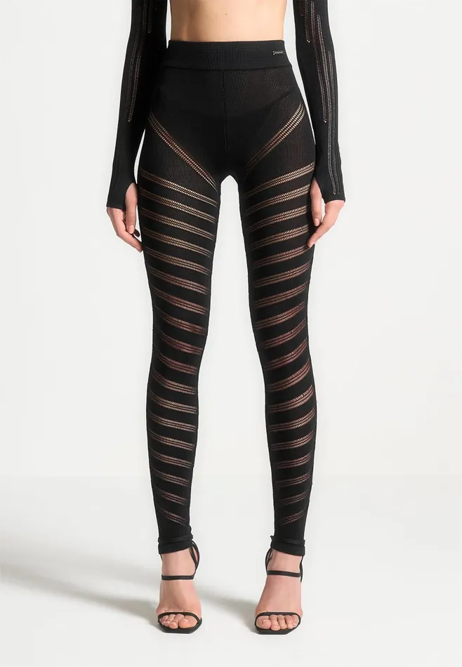 Women Manire De Voir High Waisted Knitted Spiral Contour Leggings Black