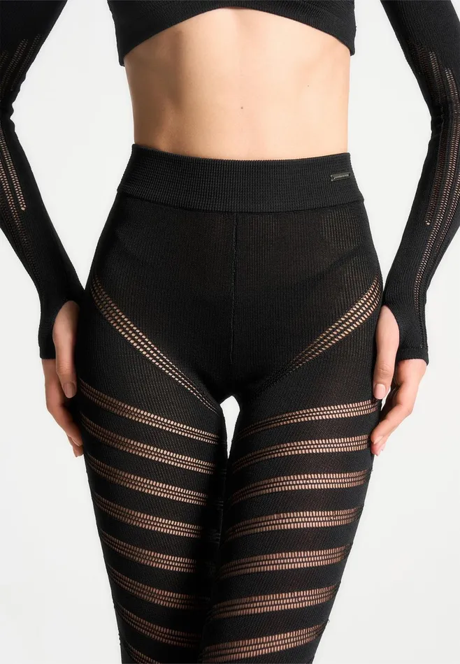 Women Manire De Voir High Waisted Knitted Spiral Contour Leggings Black