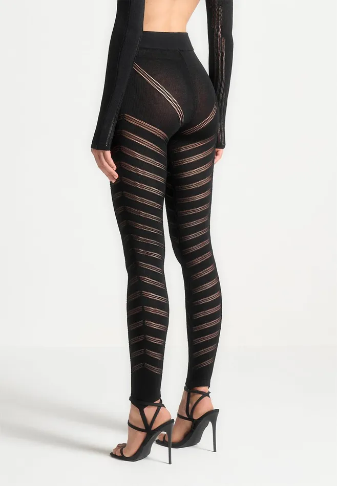 Women Manire De Voir High Waisted Knitted Spiral Contour Leggings Black