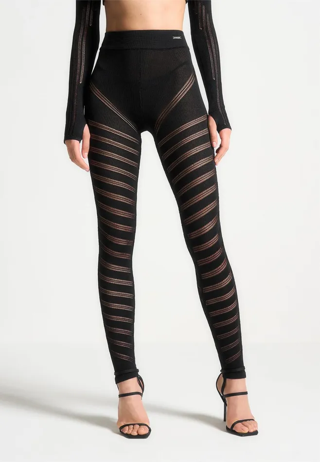 Women Manire De Voir High Waisted Knitted Spiral Contour Leggings Black
