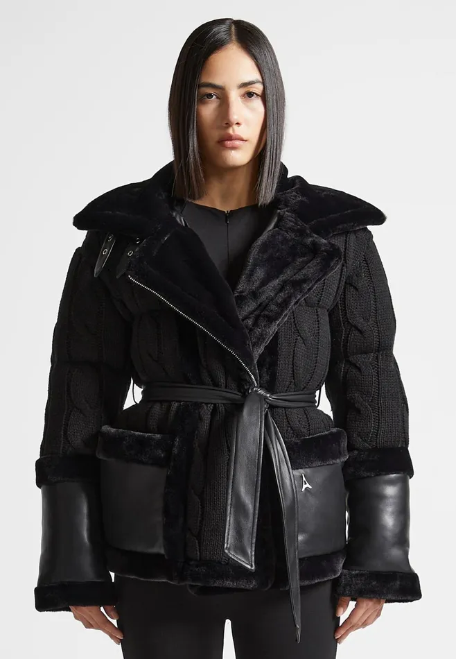 Women Manire De Voir Knit And Plush Puffer Biker Jacket Black