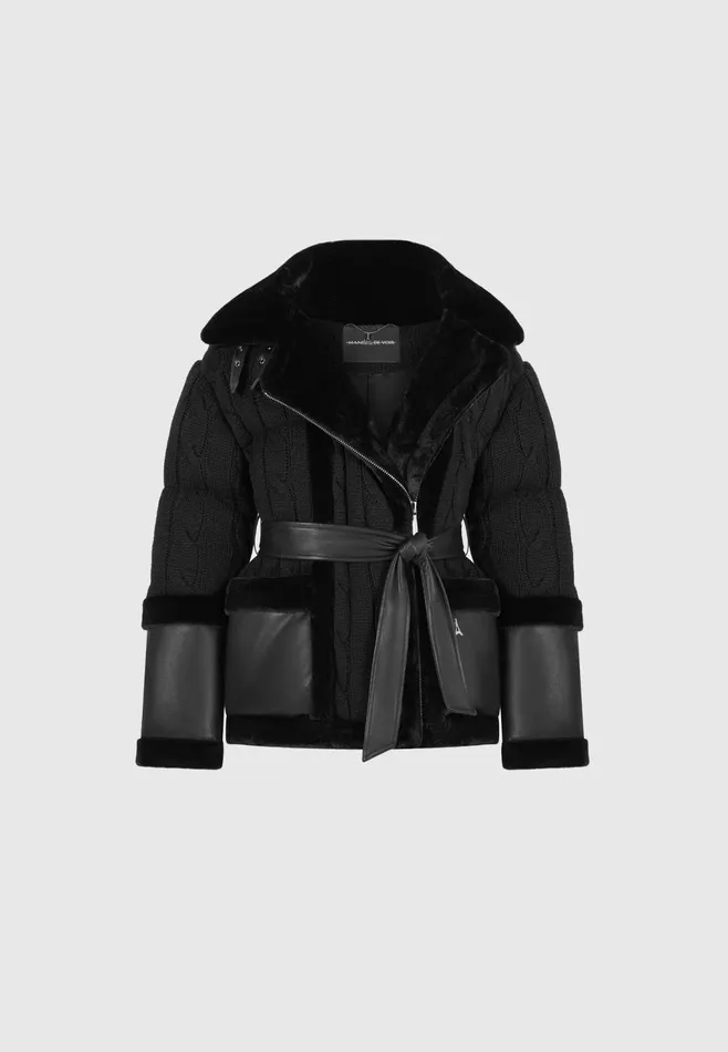 Women Manire De Voir Knit And Plush Puffer Biker Jacket Black