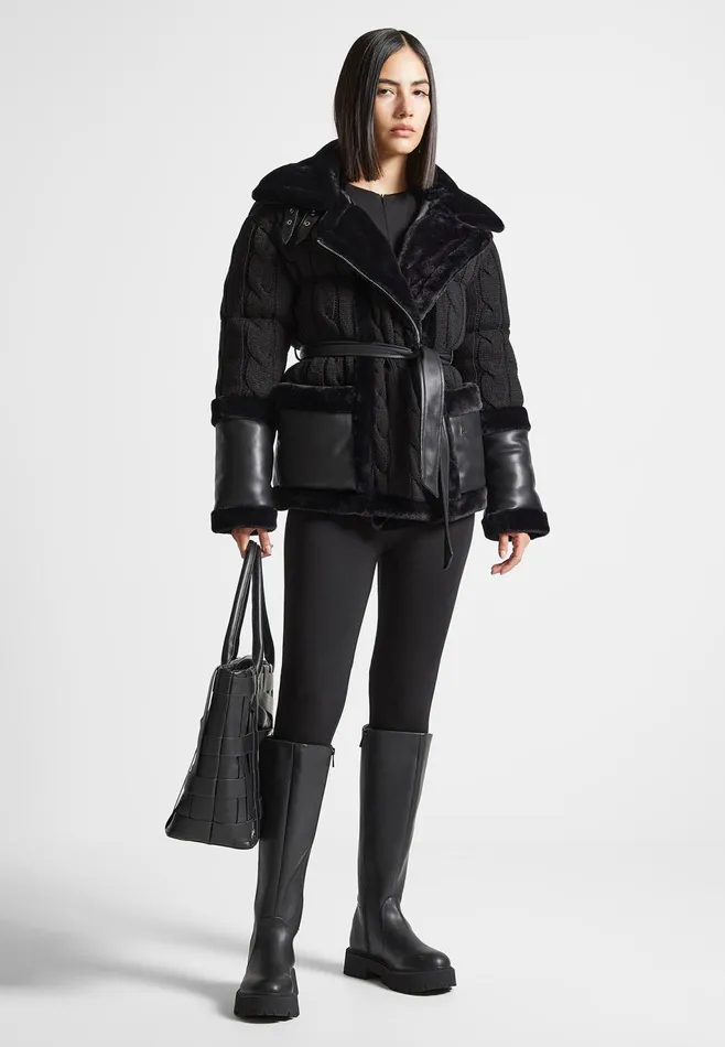 Women Manire De Voir Knit And Plush Puffer Biker Jacket Black
