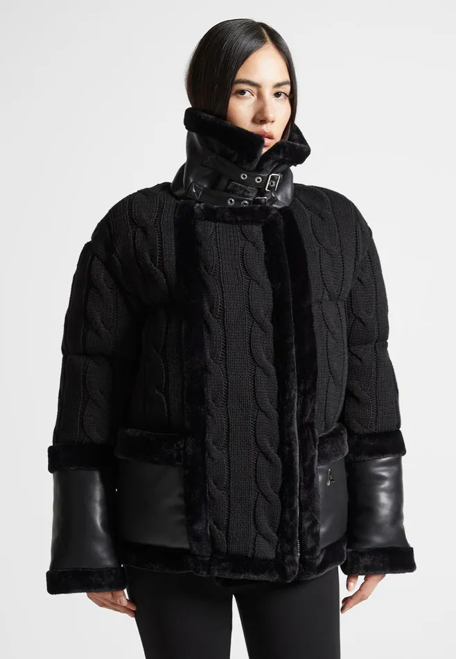 Women Manire De Voir Knit And Plush Puffer Biker Jacket Black