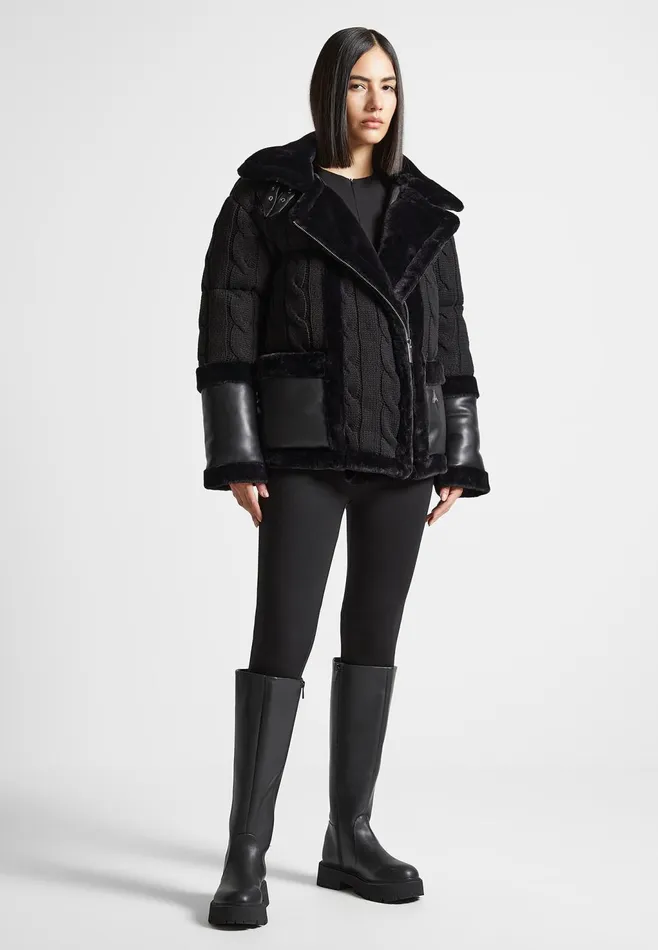 Women Manire De Voir Knit And Plush Puffer Biker Jacket Black